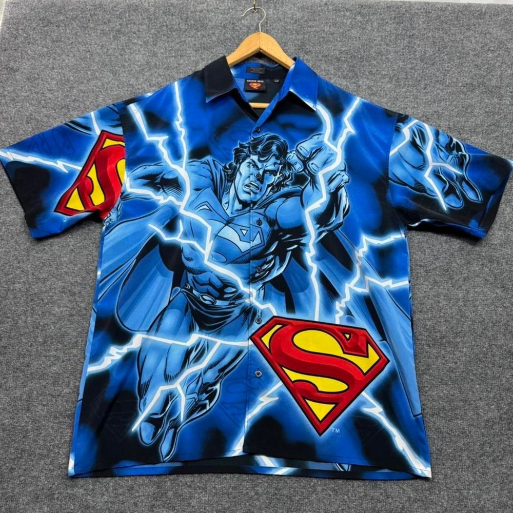 Vintage Y2k Warner Bros. Superman Lightning All Over Print Button Up Shirt
